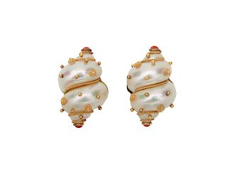 MAZ 18K Gold, Turbo Shell, and Coral Earclips
