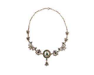 14K Gold, Silver, Emerald, and Diamond Necklace
