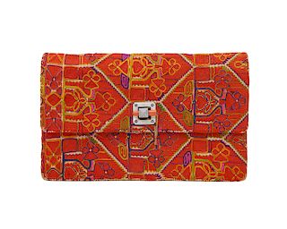 CARTIER Embroidered Clutch with a Mother of Pearl, Diamond, Coral, and Enamel Clasp