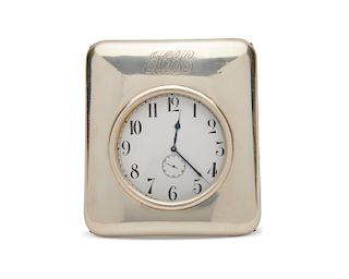 HOWARD & CO. Silver Cased Desk Clock Holder, New York, containing an oversized "Pocket Watch" Style Clock