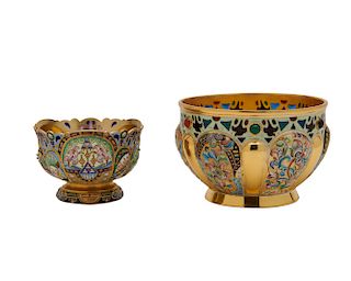 Two Russian Gilt Silver, Enamel, and Plique a Jour bowls