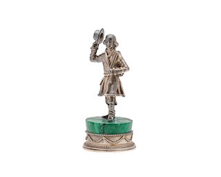 Russian Silver Standing Figure of a Debonair Gentleman tipping his hat, mounted on a silver mounted green malachite base