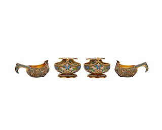 Two Pair of Russian Gilt Silver and Enamel Kovsh