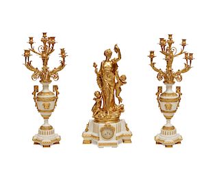 Impressive JULES GRAUX Gilt Bronze and Marble Three Piece Garniture, late 19th century;