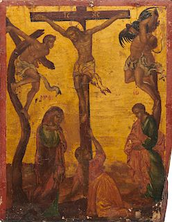 Russian Painted Wood Icon, 18th century, depicting Christ Crucified