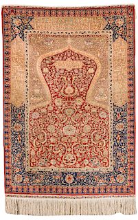 Fine Hereke Silk and Metallic Thread Prayer Rug, Turkish, ca. 1980, signed upper left; 4 ft. 8 1/2 in. x 3 ft. 3 1/2 in.