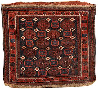 Belouch Bag, Afghanistan, late 19th century; 2 ft. 2 in. x 1 ft. 10 in. together with a Belouch Bagface, Afghanistan, ca. 1875 2 ft. x 2 ft.