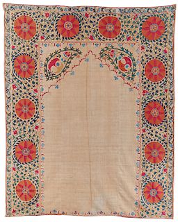 Fine Suzani Prayer Embroidery, Uzbekistan, mid 19th century; 8 ft. x 6 ft.