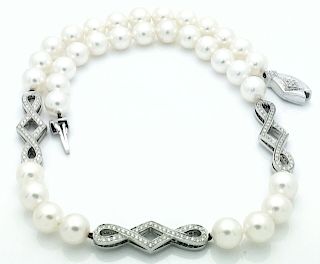 Mikimoto  18k White Gold Diamond Pearls Necklace 15.5" 