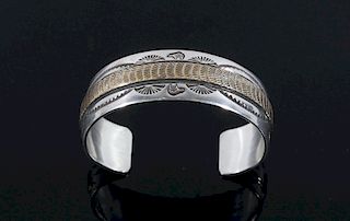 Signed Navajo Sterling Silver & 12K Gold Bracelet