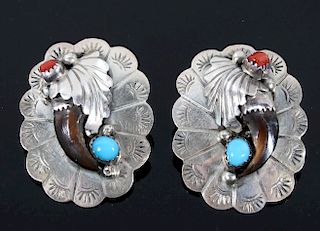 Navajo Silver Turquoise & Coral Bear Claw Earrings