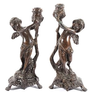 Early Pair of Bronze Cherub Candle Holders