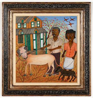 Micius Stephane (Haitian/Bainet, 1912-1996) "Bourgeois Couple with Dog and Cat", c. 1955