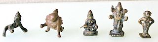Five 19th C. Small Brass Deity Statues, India