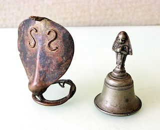 19th C. Copper Naga & Brass Temple Bell (2)