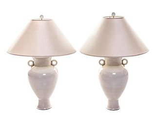 Modernist, Mid 20th Century, Pair of Crackle-Glaze Handeled Table Lamps