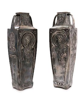 Art Nouveau, France, Early 20th Century, Pair of Handeled Figural Vases