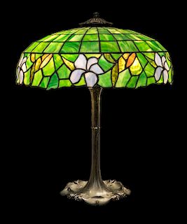 * American, Early 20th Century, Table Lamp with Leaded Glass Shade