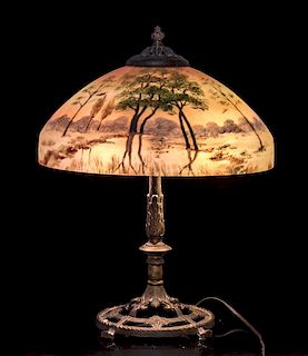 * American, Early 20th Century, Table Lamp with Reverse Painted Landscape Scene