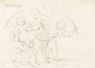 School of Luca Giordano (Italian, 1634-1705)  Two Framed Drawings of Putti with a Goat