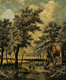 School of Meindert Hobbema (Dutch, 1638-1709)  Landscape with Stream and Hunters with Dogs