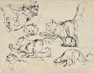 Circle of Eugène Delacroix (French, 1798-1863)  Studies of Cats and Lions/Two Goats: A Double-sided Sketch
