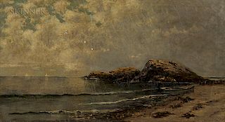 Samuel S. Carr (American, 1837-1908)  Serene Coast with Shoreline Rocks and Distant Sailboats