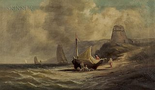 Samuel P. Dyke (American, 1835-1881)  Fisherfolk Beside a Beached Ketch