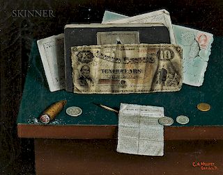Charles Alfred Meurer (American, 1865-1955)  Trompe l'Oeil Still Life with Currency, Newspaper Clipping, and Lit Cigar