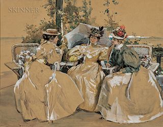 Alice Barber Stephens (American, 1858-1932)  Three Elegant Seated Ladies with Parasols