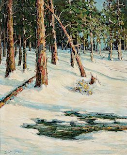 Walter Koeniger (American, 1881-1943)  Sunlit Trees and Brook in Snow