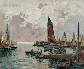 Paul Emile Lecomte (French, 1877-1950)  Bustling Harbor Scene