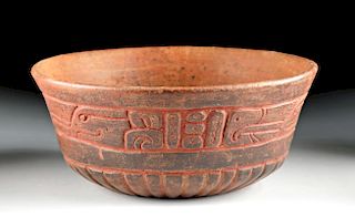 Fine Maya Pottery Bowl w/ Carved Birds & Red Cinnabar