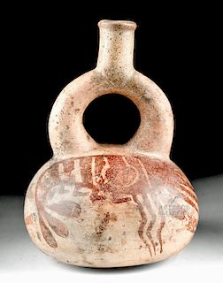 Early Moche Pottery Stirrup Vessel w/ Crawfish