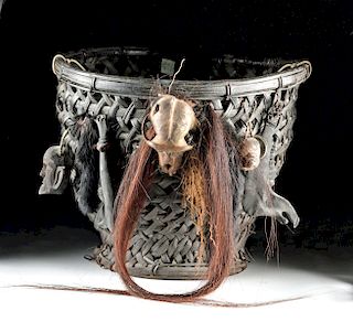 Early 20th C. Naga Rattan Basket - Monkey Skull, Boar