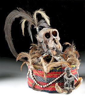 20th C. Ifugao Monkey Skull, Boar Tusk, Textile Hat