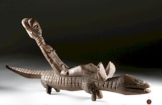 20th C. Yoruba Wood Carving - Woman & Crocodile