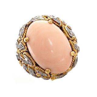 Vintage Coral, Diamond and 18K Ring
