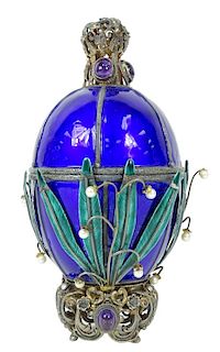 A Viennese Blue Enameled Silver Swan Egg