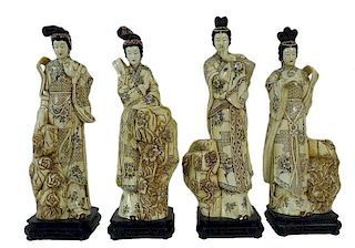 (4) Four Chinese Carved Bone Geisha Sculpture