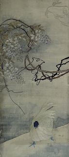 Vintage Chinese Rooster Painting On Silk
