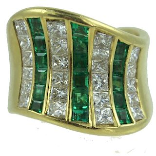 18 Karat Yellow Gold Emerald And Diamond Ring