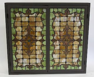 Pair of Antique Tiffany Style Leaded Glass Windows