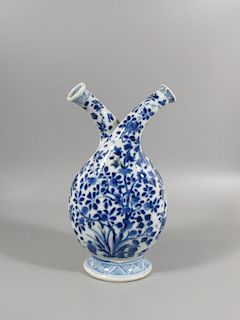 Blue and White Double Bodied Cruet Bottle.