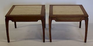 MIDCENTURY. Pair of Travertine Top End Tables.