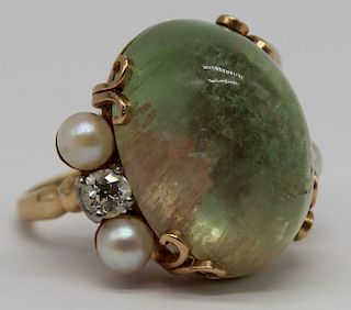 JEWELRY. 14kt Gold, Beryl, Diamond and Pearl Ring.