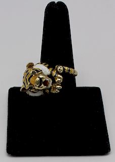 JEWELRY. Martine 18kt Gold and Enamel Tiger Ring.