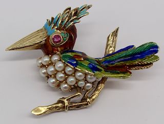 JEWELRY. 14kt Gold, Enamel, Pearl and Ruby Brooch.
