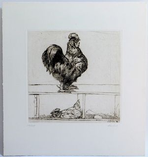 Sigmund Abeles Realist Engraving of Rooster & Hen