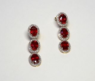 14K Yellow Gold Ruby & Diamond Ladys Drop Earrings